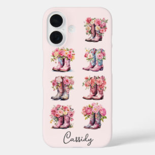 Coques iPhone 16 Bottes de cowgirl roses avec fleurs monogrammées