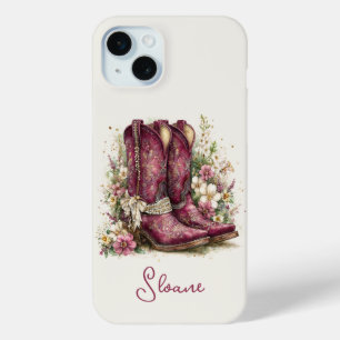 Coque iPhone 15 Mini Bottes Élégantes avec Monogramme de Fleurs