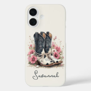 Coques iPhone 16 Bottes élégantes en cuir de vache avec fleurs mono