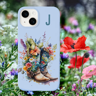 Coque Pour iPhone 14 Bottes pour filles et Fleurs sauvages monogrammes
