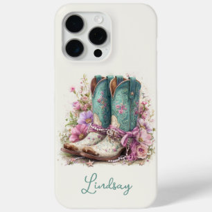 Coque iPhone 15 Pro Max Bottes sarcelles élégantes avec monogramme de fleu