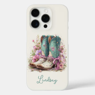 Coques iPhone 16 Pro Bottes sarcelles élégantes avec monogramme de fleu