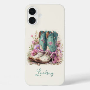 Coques iPhone 16 Plus Bottes sarcelles élégantes avec monogramme de fleu