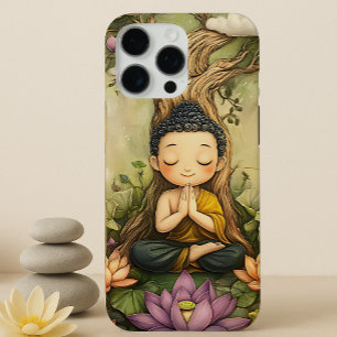 Coques iPhone 16 Pro Max Bouddha mignon méditant Art spirituel Zen Lotus