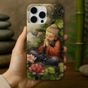 Coques iPhone 16 Pro Max Bouddha vintage Art Peaceful Zen Conception de méd