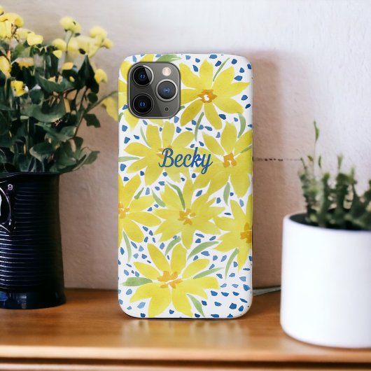 Coques Case-Mate iPhone Bouquet de marguerite jaune avec points bleus