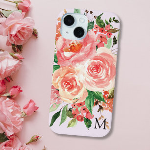 Coque Pour iPhone 15 Bouquet Floral Rose Pâle Monogramme Moderne