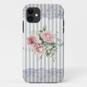 Coques Case-Mate iPhone Bouquet roses Elégant bleu poussiéreux rayures den (Dos)