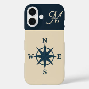 Coques iPhone 16 boussole bleu marine avec Monogram Beige Coastal