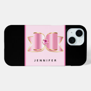 Coque Pour iPhone 15 Bow en verre rose avec pierre centrale