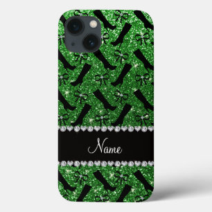 Etui iPhone 13 Bows de bottes de parties scintillant verte de nom