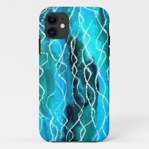 Coque iPhone 11 Brillant Turquoise, Noir, Vagues Blanches