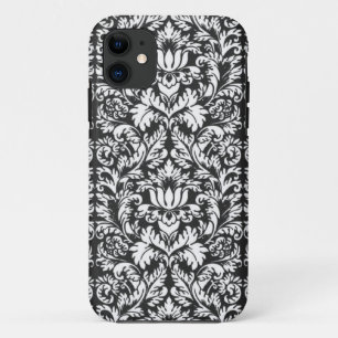 Coque iPhone 11 Brocard de dentelle en damas noir et blanc vintage