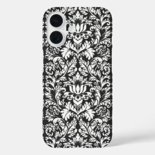 Coques iPhone 16 Brocard de dentelle en damas noir et blanc vintage