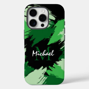 Coques iPhone 16 Pro Brosse nuances de nom vert avec monogramme