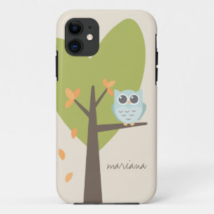Coques Pour iPhone Brown Tree Branch Feuilles Nom personnalisé Blue O