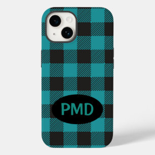 Coque Pour iPhone 14 Buffalo Plaid Turquoise Turquoise bleu noir Monogr