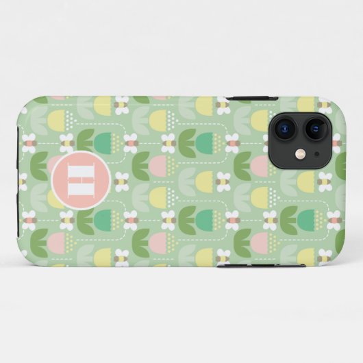 Coques Case-Mate iPhone Bumble Bee & Tulips Rose et vert Monogramme initia (Dos (Horizontal))
