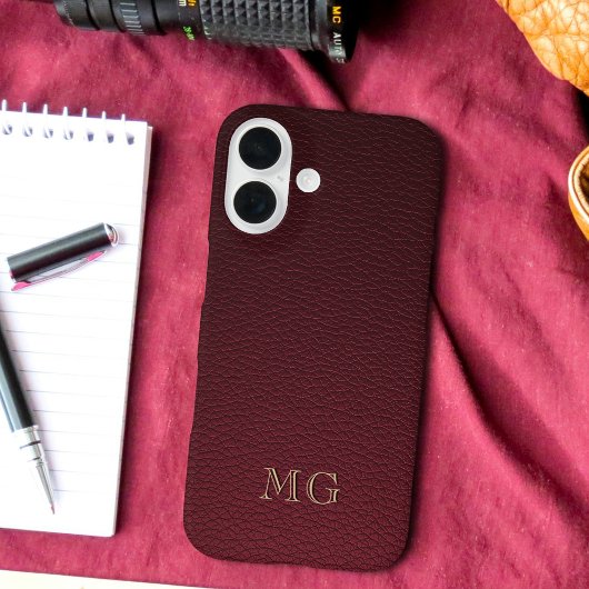 Coques Case-Mate iPhone Burgundy Faux Leather and Gold Monogram Initials