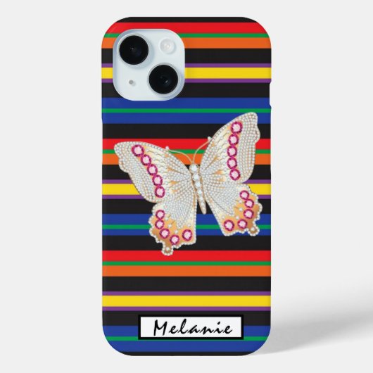 Coques Case-Mate iPhone Butterfly brooch pendant gold Jewelry Rainbow stri (Verso)