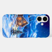 Coques Case-Mate iPhone Cabane de Noël sous la lune hivernale enneigée (Verso (horizontal))