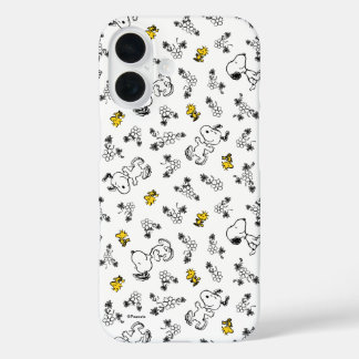 Coques iPhone 16 cacahuètes | Snoopy & Woodstock B&W Flower Motif