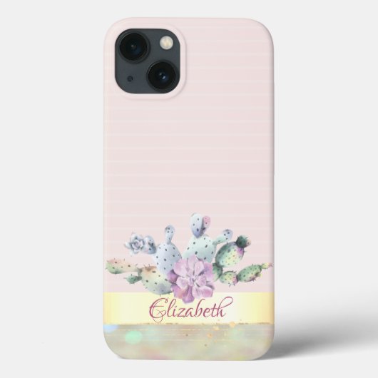 Coques Case-Mate iPhone Cactus aquarelle, fleur succulente rayures roses (Verso)