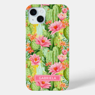 Coque iPhone 15 Mini Cactus Aquarelle Fleuris Personnalisés