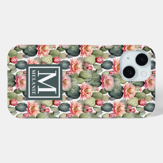 Coques Case-Mate iPhone Cactus Motif Fleurs roses Monogramme (Verso (horizontal))