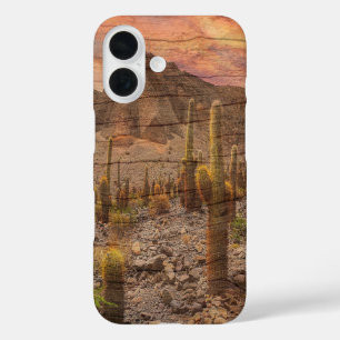 Coques iPhone 16 Cactus Organ Pipe sur grain de bois, photo au couc