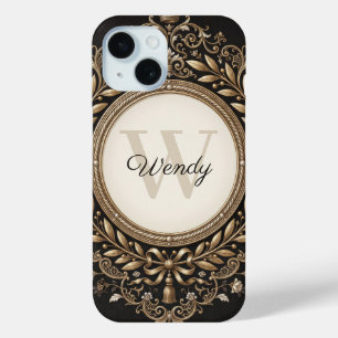 Coque Pour iPhone 15 Cadre doré baroque élégant avec nom personnalisé