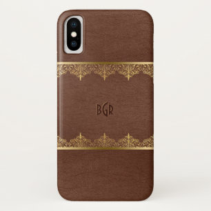 Coques Pour iPhone Cadre en cuir Brown et en dentelle or