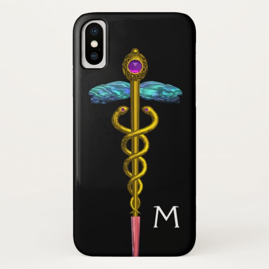 Coques Case-Mate iPhone CADUCÉE MONOGRAMME OR ,Noir (Dos)