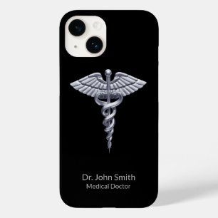 Coque Pour iPhone 14 Caduceus Silver sur Black Classy Médicale