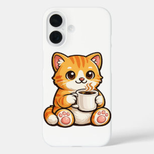 Coques iPhone 16 Café Chat Mignon – Chat Orange Cosy Buvant du Café