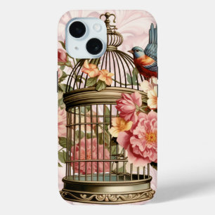 Coque Pour iPhone 15 Cage à oiseaux floral aquarelle vintage romantique