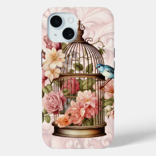 Coque Pour iPhone 15 Cage à oiseaux floral aquarelle vintage romantique