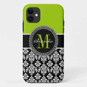 Coque iPhone 11 Caisse personnalisée de damassé de noir de vert de