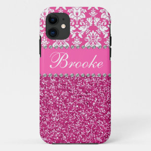 Coques Pour iPhone Caisse rose et blanche de fausse pierre de damassé
