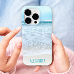 Coques iPhone 16 Pro California Ocean Beach Waves Photo Nom du monogram<br><div class="desc">Détendez-vous en regardant les vagues entrer et sortir. Respire, explorer, et profiter de la solitude d'une plage de Californie vide avec cette étonnante photographie bleu pastel et blanc de la mousse océanique personnalisées boîtier de téléphone portable nom. Fait un grand cadeau pour quelqu'un spécial! Il suffit de taper le nom...</div>