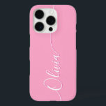 Coques iPhone 16 Pro Calligraphie élégante rose blanc Nom du script<br><div class="desc">Pink Elegant White Calligraphy Script Personnalisé Nom iPhone 16 Pro Smart Phone Boîtes dispose d'un design moderne et tendance simple et élégant avec votre nom personnalisé dans élégante calligraphie manuscrite typographie de script sur un arrière - plan rose. Conçu par ©Evco Studio www.zazzle.com/store/evcostudio</div>