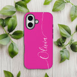 Coque Pour iPhone 14 Calligraphie élégante rose blanc Nom du script<br><div class="desc">Pink White Elegant Calligraphy Script Personnalisé Nom iPhone 14 Smart Phone Boîtes dispose d'un design moderne et tendance simple et élégant avec votre nom personnalisé dans élégante calligraphie manuscrite typographie de script sur un arrière - plan rose doux. Conçu par ©Evco Studio www.zazzle.com/store/evcostudio</div>