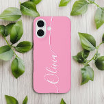 Coques iPhone 16 Calligraphie élégante rose blanc Nom du script<br><div class="desc">Pink Elegant White Calligraphy Script Personnalisé Nom iPhone 16 Smart Phone Boîtes dispose d'un design moderne et tendance simple et élégant avec votre nom personnalisé dans élégante calligraphie manuscrite typographie de script sur un arrière - plan rose. Conçu par ©Evco Studio www.zazzle.com/store/evcostudio</div>