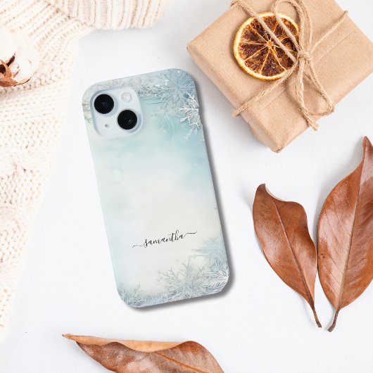 Coques Case-Mate iPhone Calligraphie Monogramme Flocon de Neige Bleu Blanc