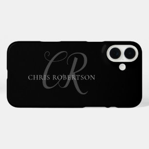 Coques iPhone 16 Plus Calligraphie Monogramme Nom Black Grey Cadeau pers