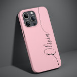 Coque Pour iPhone 14 Calligraphie rose noir élégant Nom du script<br><div class="desc">Pink Black Elegant Calligraphy Script Personnalisé Nom iPhone 14 Smart Phone Boîtes dispose d'un design moderne et tendance simple et élégant avec votre nom personnalisé dans élégante calligraphie manuscrite typographie de script sur un arrière - plan rose doux. Conçu par ©Evco Studio www.zazzle.com/store/evcostudio</div>