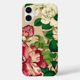 Coques iPhone 16 Plus Camellias japonais vintage. Rose profond sur le be