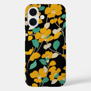 COQUES iPhone 16  CAMELLIAS JAUNES, FEUILLES BLANCS VERTS NOIR