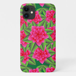 Coque iPhone 11 Camellias roses de Fuschia et Feuilles verts
