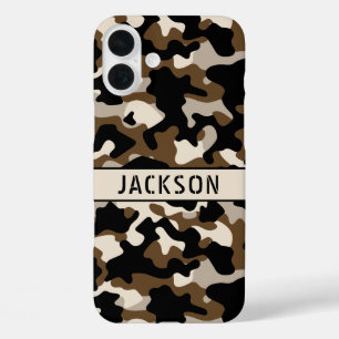Coques iPhone 16 Plus Camouflage noir et marron Personnalisé